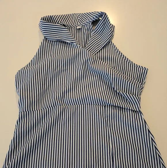 Rihoas Blue White Striped Halter Maxi Dress Collared Wrap Bodice Slit Size L - Picture 6 of 9